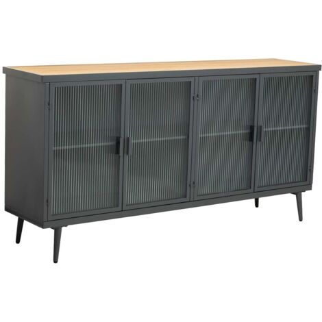 Aparador de metal y madera con vidrio, negro160x36x80h cm