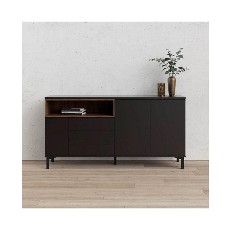 

Caesaroo - Aparador de salón 175x89 cm Negro mate y nogal con tres puertas y tres cajones | Negro y nogal