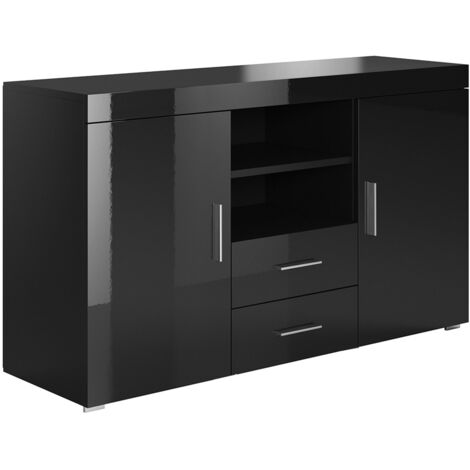 Aparador de salon 2 puertas 2 cajones  Aparador de cocina  Mueble de salon  Recibidor  140x82x40cm  Modelo Roque  Negro brillo