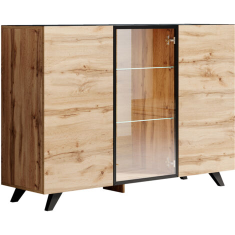 Aparador de salon 3 o 4 puertas con LED  Aparador de cocina  Mueble de salon  Collor Roble y Negro mate  Modelo Viena A  150x100x40cm