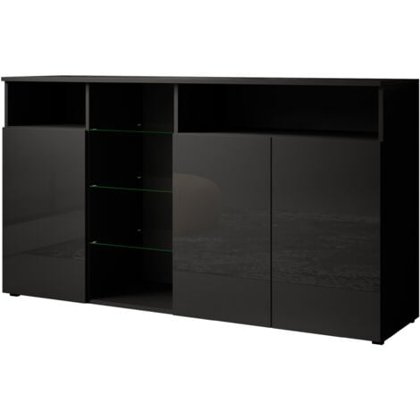 LETTIEMOBILI Aparador de salon 3 puertas con LED Aparador de cocina Mueble de salon Recibidor 150x82x40cm Modelo Clark L Negro brillo