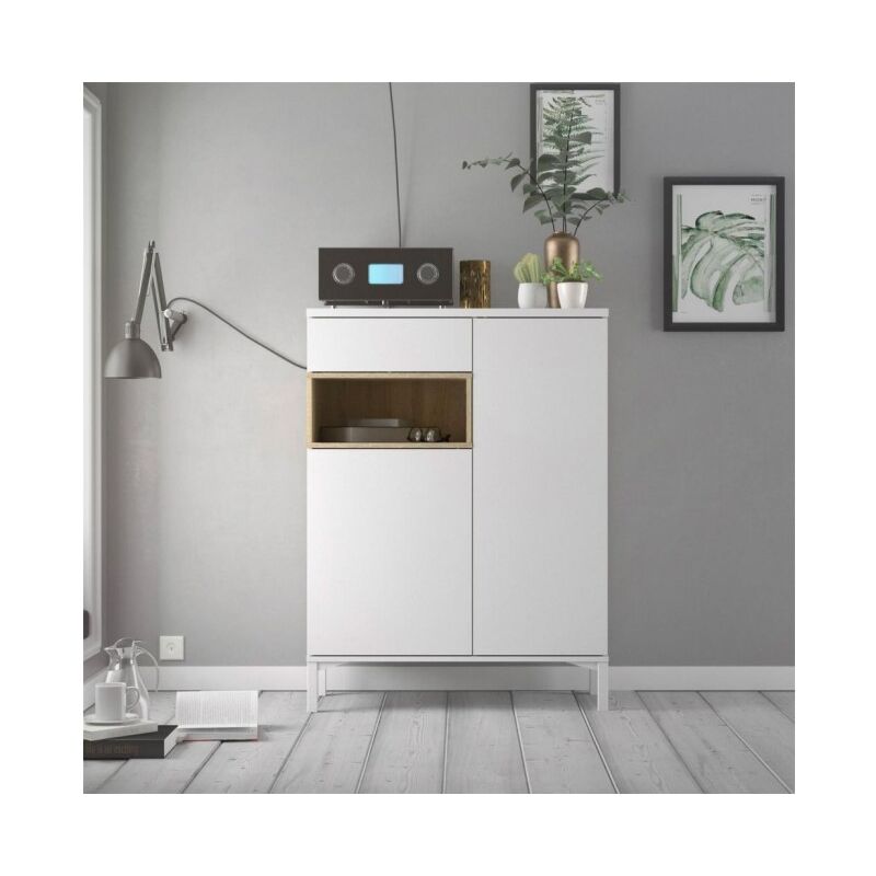 

Caesaroo - Aparador de salón 89xH119 cm Blanco mate y roble con un cajón y dos puertas | roble y blanco