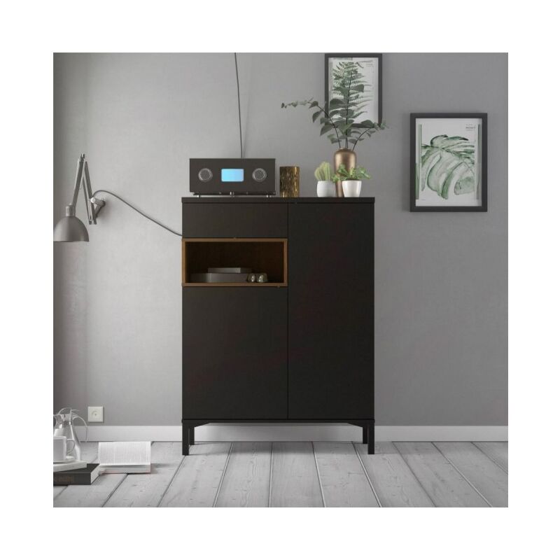 

Caesaroo - Aparador de salón 89xH119 cm Negro mate y nogal con un cajón y dos puertas | Negro y nogal