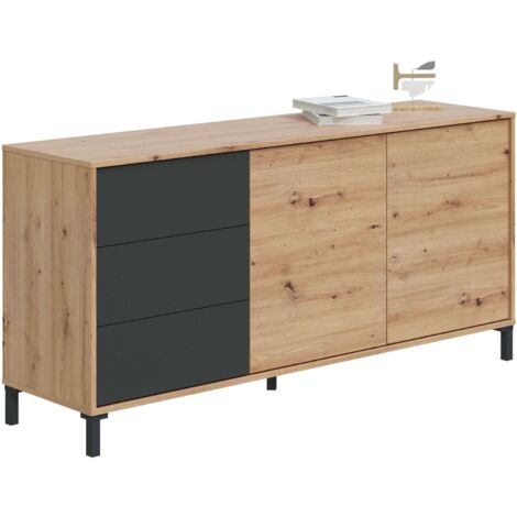 Aparador de salón Booklyn 2 puertas 3 cajones color roble Nodi y gris Antracita salón estilo industrial 74x154x41 cm