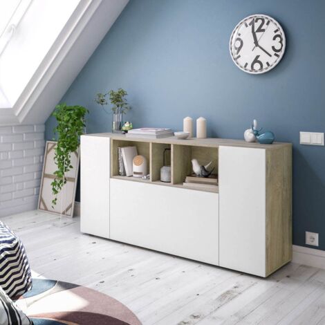 LOUNGITUDE Aparador de Salón Comedor Loira Color Blanco Artik y Roble Alaska 150x75x41 cm