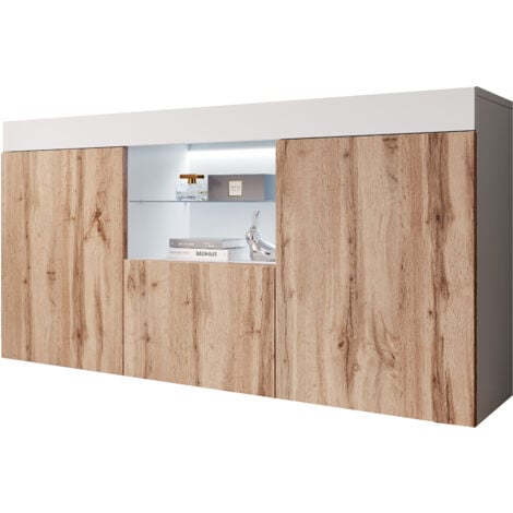 LETTIEMOBILI Aparador de salon con LED Aparador de cocina Mueble de salon Recibidor 135x73x34cm Modelo Sefora Blanco y Pino atlántico mate