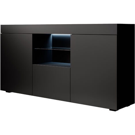 Aparador de salon con LED Aparador de cocina Mueble de salon Recibidor 135x73x34cm Modelo Sefora Blanco y Negro brillo - White/Black