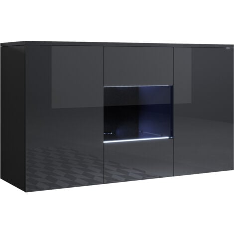 Aparador de salon con LED colgante 2 puertas 1 vitrina  Mueble de salon  120x70x40cm  Modelo Luke A2  Negro brillo