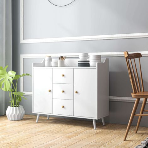 Aparador de Salón Moderno Aparador de Cocina con 2 Puertas 3 Cajones y Patas de Madera de Pino 90x32x80 cm Blanco
