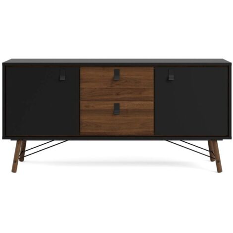 Aparador de salón negro mate y nogal con dos puertas y dos cajones 150 x 40 cm - Longarone
