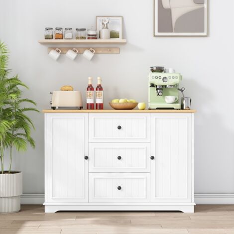 Aparador de salón y cocina - 126 x 40 x 86 cm - 3 cajones y 2 puertas tipo frigorífico, almacenamiento inteligente - Madera blanca y natural