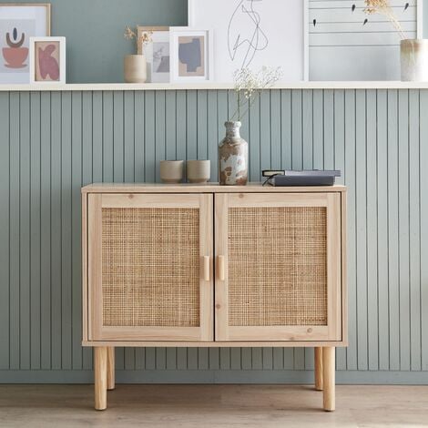 Aparador efecto caña y madera con 2 puertas, 80cm, Camargue, Natural, 80x30x68 cm