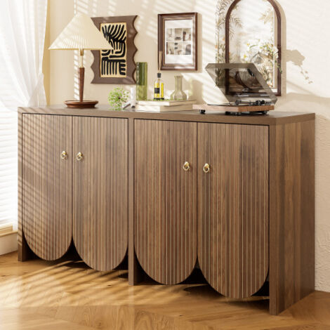 Aparador efecto nogal con 4 puertas, estantes regulables y tiradores de aluminio, 147×40×80 cm