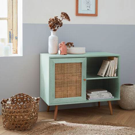 Aparador estilo escandinavo con 1 puerta de caña, 80cm, Boheme, Verde celadón, 80x39x65.8 cm