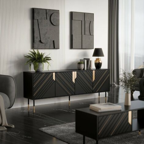 Aparador Landiona, aparador de salón con cuatro puertas batientes y compartimentos interiores, elevado del suelo, 204 x 40 h 72 cm, negro y dorado