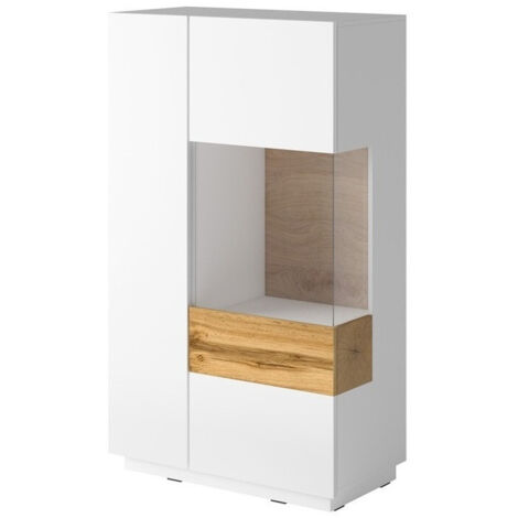 Aparador Livlore 104, Blanco + Blanco brillante + Roble wotan, 139x80cm, Número de puertas: 240cm, Vidrio, Aglomerado laminado