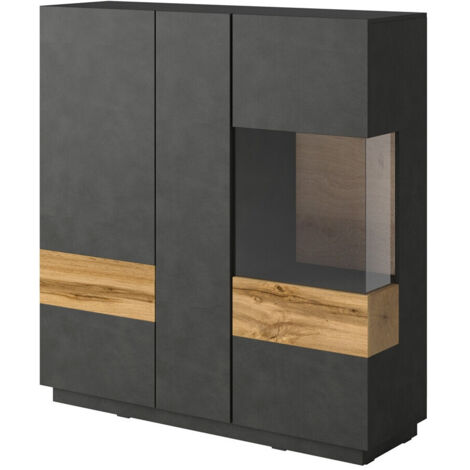 Aparador Livlore 106, Madera gris + Roble wotan, 139x130cm, Número de puertas: 340cm, Vidrio, Aglomerado laminado