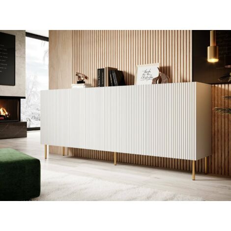 Aparador Londa, Aparador de salón con cuatro puertas batientes, Elevado, 200x42 h82 cm, Blanco