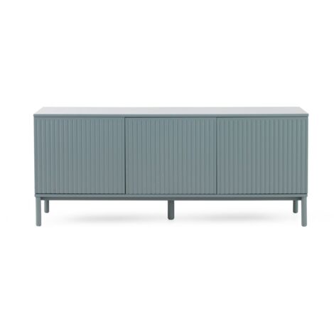 Aparador mdf color azul paloma, ranuras acanaladas en puertas y laterales con patas de madera maciza