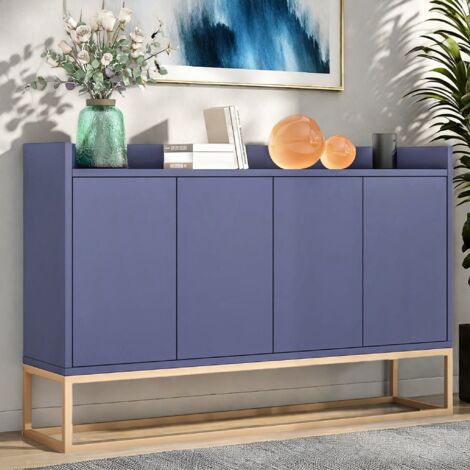 Aparador minimalista de 4 puertas, armarios de cocina, estantes ajustables, armario de almacenamiento, aparador sin tiradores para comedor y sala de estar, color azul