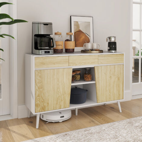 Aparador Moderno con Cajones Estantes Abiertos y Almacenaje Ajustable Para Sala o Comedor 120x39x77 cm Blanco y Natural