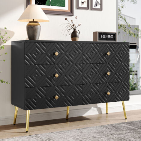 NECHE Aparador moderno de 6 cajones, puerta con diseño geométrico, elegante negro y dorado, para sala de estar, 120 cm de ancho x 40 cm de profundidad x 80 cm de alto