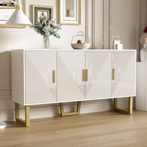 NECHE Aparador moderno de lujo - Cómoda de 4 puertas - Puertas texturizadas brillantes + Tiradores dorados - Estantes ajustables - 150x40x82cm Blanco