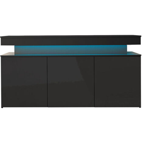 Aparador Monfero, Negro + Negro brillante, 83x160cm, Número de puertas: 039cm, MDF, Aglomerado laminado, LED