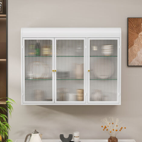 Aparador mural blanco con puertas de cristal arqueadas y estantes de almacenaje - 90x20x70 cm
