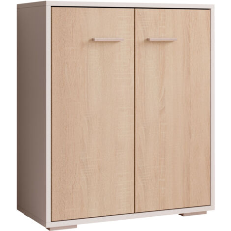 Aparador pequeño 2 puertas  Armario multiuso  Mueble auxiliar  60x71x30cm  Modelo Lander L2  Color Blanco y Sonoma