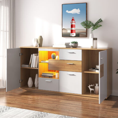 Aparador salon 160x40x77cm con 2 puertas y 4 cajones, aparador cocina, MDF + cristal, blanco + natural