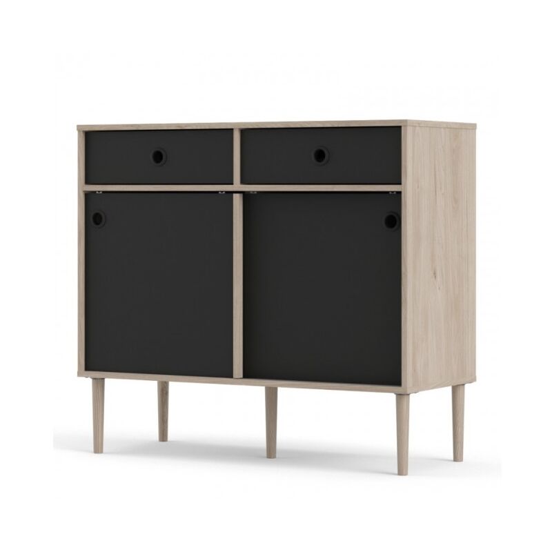 

Caesaroo - Aparador salón 99x40 cm Negro mate y roble claro con dos puertas correderas y dos cajones | Negro y roble