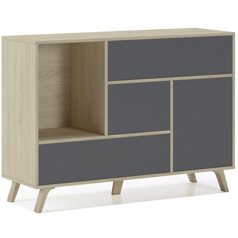 

Aparador salón Comedor, Mueble Auxiliar Buffet WIND 1 Puerta, 3 cajones, Color estructura Puccini y color puerta y cajones Gris Antracita, Medidas: