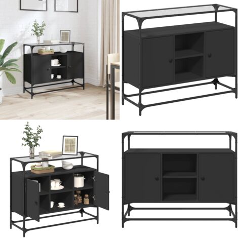 Aparador tapa de cristal y madera ingeniería negro 98x35x81 cm - Aparador negro - Almacenamiento en casa