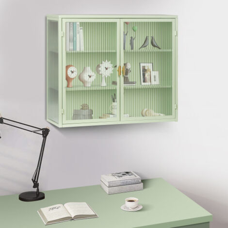 Aparador verde de pared con dos puertas de cristal y 3 niveles de almacenamiento - 70x23x60 cm