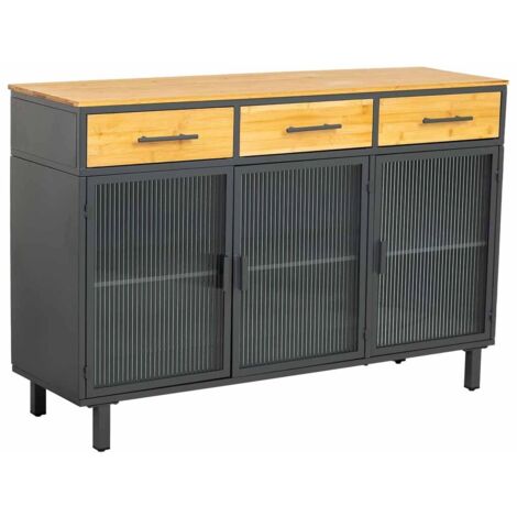 Aparador  vidrio, metal y madera 3 cajones negro120x35x79,5h cm