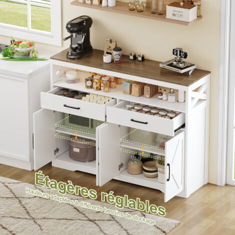 Aparadores 140 cm, mueble de almacenamiento con 2 cajones y 4 puertas de almacenamiento, tiradores negros, tablero de madera, diseño, Blanco