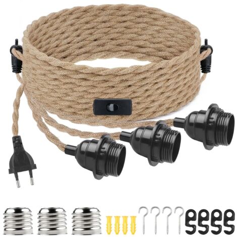 APEX Douille E27 rétro avec interrupteur et prise, câble en corde de chanvre de 6,8 mètres avec joint en T pour suspension DIY (source lumineuse non incluse)