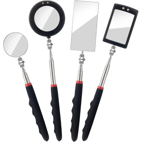 APEX Ensemble de 4 miroirs d'inspection télescopiques avec éclairage LED, adaptés aux mécaniciens pour l'inspection de véhicules, voitures, cils, cavité buccale et petites pièces (télescopique, rectan