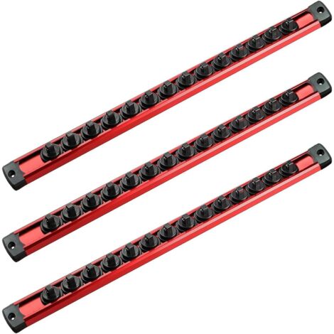 APEX Ensemble de trois rails magnétiques en aluminium pour manchons, 40 cm - avec 42 clips rotatifs rouges pour manchons de 1/4 de pouce - organisateur de manchons pour garages et ateliers.