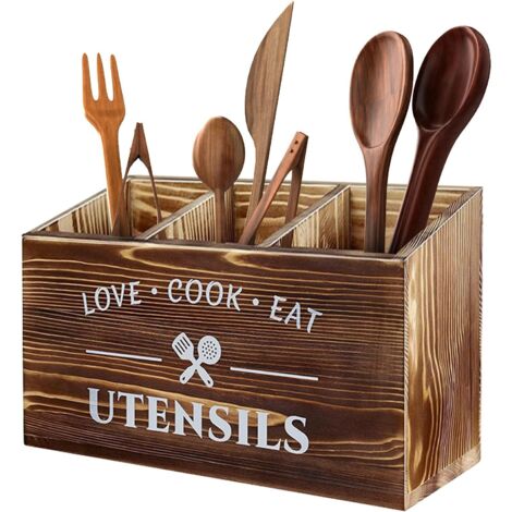 APEX Étagère à ustensiles de cuisine en bois avec 3 compartiments pour ranger couteaux, fourchettes, cuillères et autres articles.