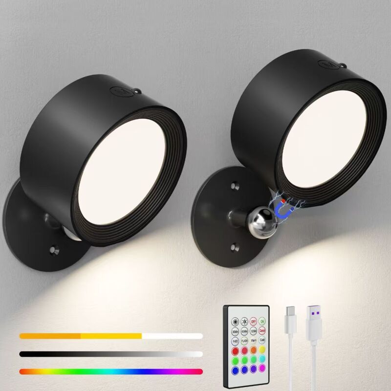 APEX Lampe murale neuve 2026, noire, rechargeable, rotative, RGB avec télécommande infrarouge (2 pièces)