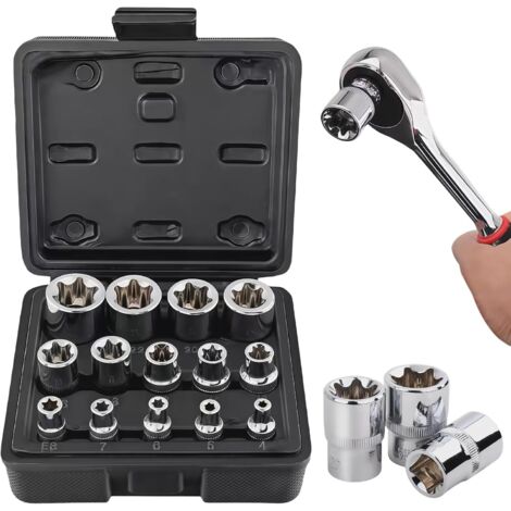 APEX Lot de 14 douilles E Torx,extérieures 1/2", 1/4", 3/8", douilles Torx E E4-E24 en CR-V, extracteur de vis etc.