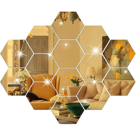 APEX Lot de 24 stickers muraux miroir à faire soi-même, carreaux hexagonaux dorés en acrylique, style kawaii, accessoires de décoration.
