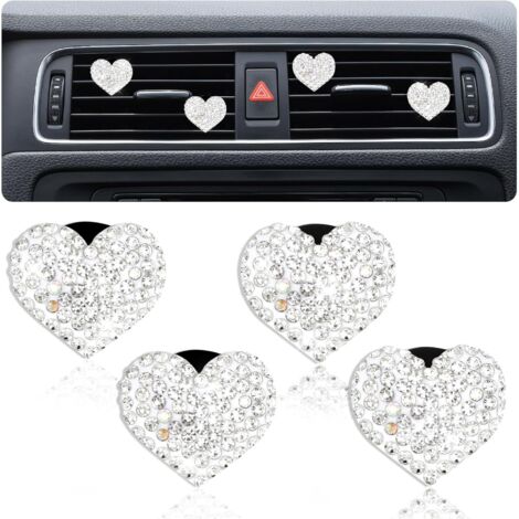 APEX Lot de 4 clips décoratifs en forme de cœur pour grille d'aération de voiture, ornés de strass et de cristaux. Accessoires décoratifs
