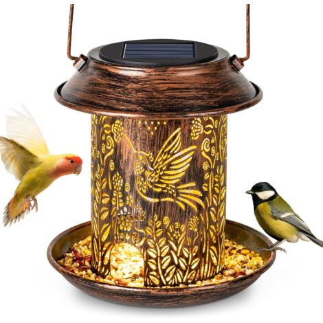 APEX Mangeoire Oiseaux Exterieur,Lanterne Solaire Décoration de Jardin Étanche Maison Oiseaux en Métal,Nichoir Oiseaux avec Lampe Solaire