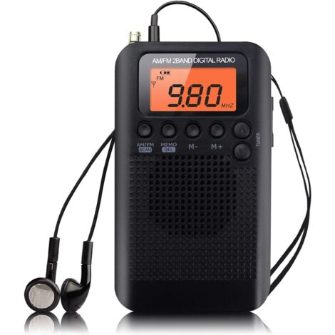 APEX Mini radio portable AM/FM stéréo à réglage numérique avec écouteurs, réveil et minuterie (noire)