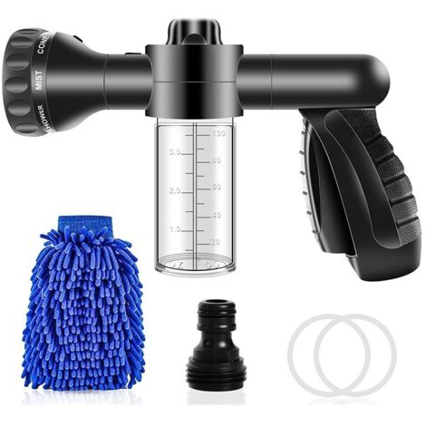 APEX Pistolet d'arrosage avec distributeur de savon et 8 modes de pulvérisation, pulvérisateur d'eau à mousse, adapté aux jardins (noir)