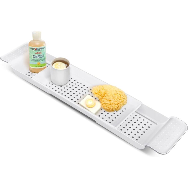 APEX Plateau de baignoire réglable, étagère de salle de bain, accessoires de salle de bain rétractables,plateaux de salle de bain (blanc)