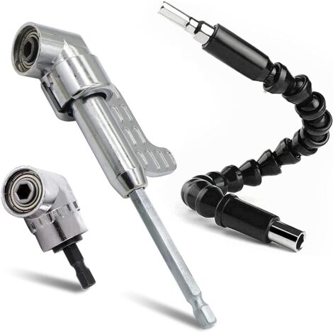 APEX Porte-embout de perçage à angle droit argenté à 105 degrés, ensemble de tige d'extension à angle flexible et tournevis à tige hexagonale de 1/4 de pouce, adapté aux tournevis et aux perceuses éle